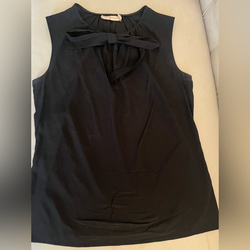 Glam preppy back to school TORY BURCH BLACK SILK sleeveless tank bow blouse